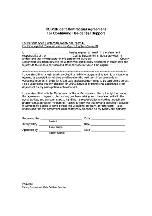 Fillable Form Dss-5108 - Dss/student Contractual Agreement For Continuing Residential Support - Nc Family Support And Child Welfare Services Printable pdf