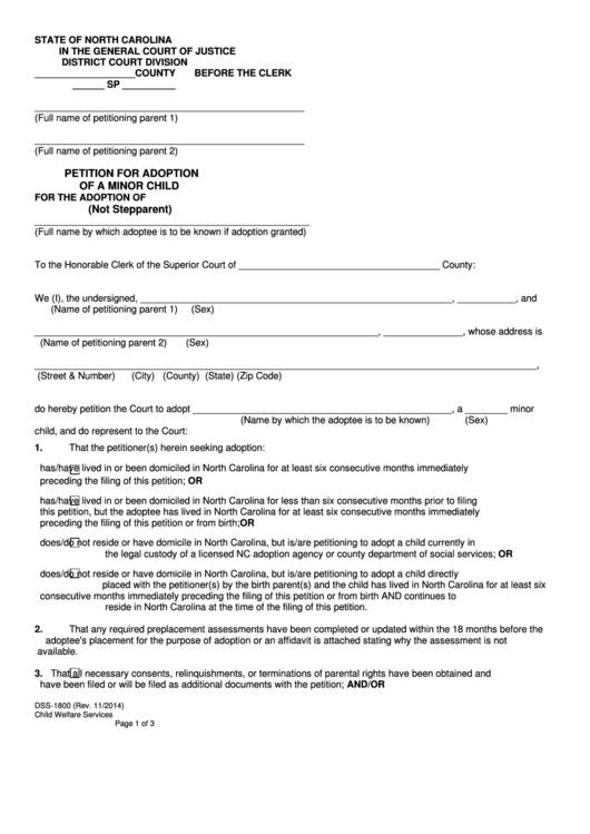Fillable Form Dss-1800- Petition For Adoption Of A Minor Child - Child Welfare Services Printable pdf