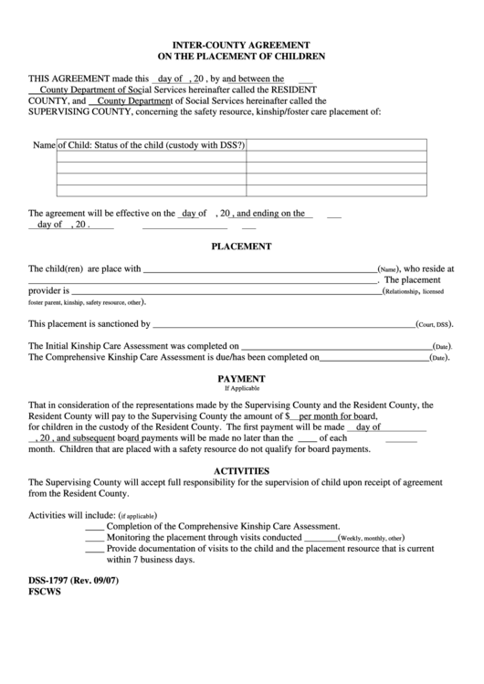 Fillable Form Dss-1797 - Inter-County Agreement On The Placement Of Children Printable pdf