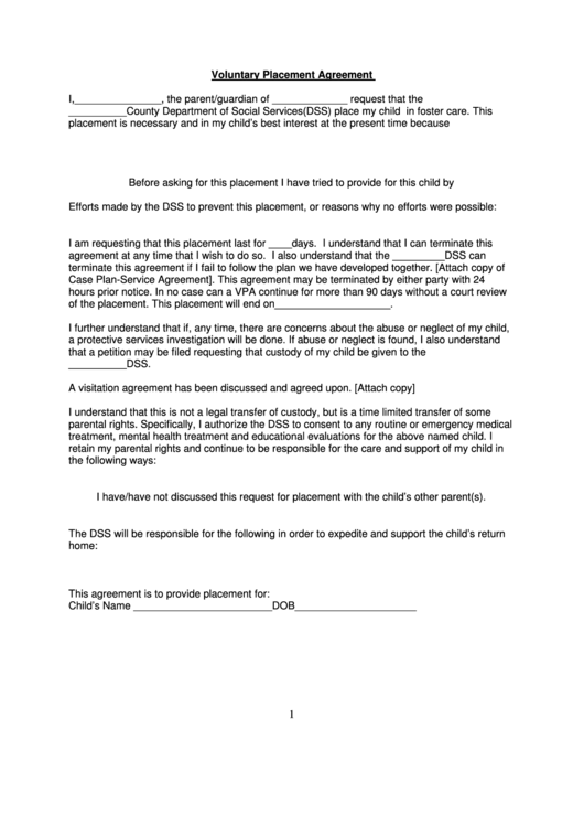 Fillable Form Dss-1789 - Voluntary Placement Agreement Printable pdf