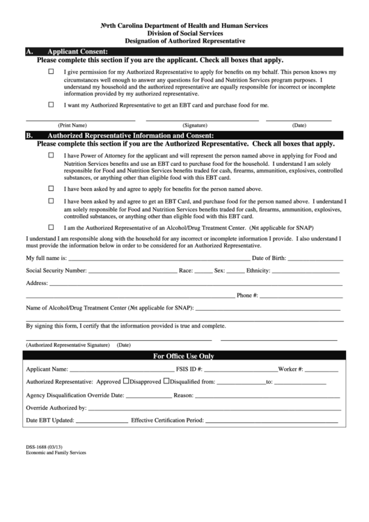 Fillable Form Dss-1688 - Designation Of Authorized Representative - North Carolina Department Of Health And Human Services Printable pdf