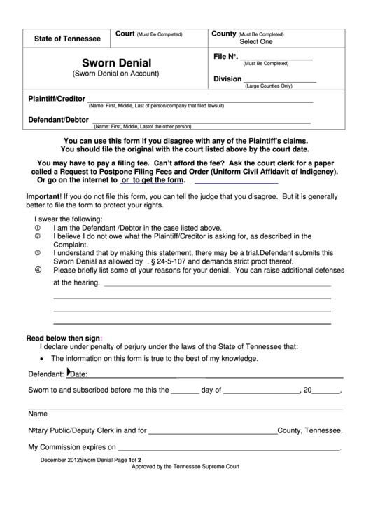 Fillable Sworn Denial Form - Tennessee Printable pdf