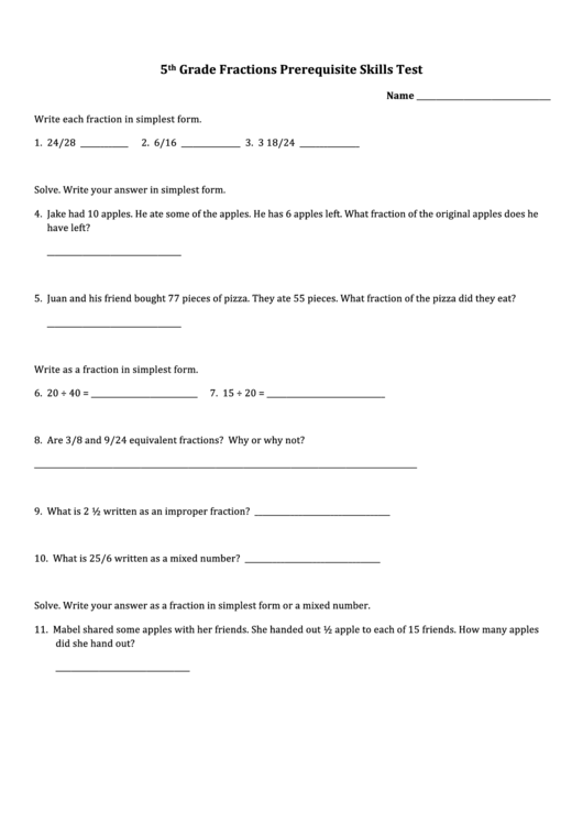 5th Grade Fractions Prerequisite Skills Test Form Printable pdf