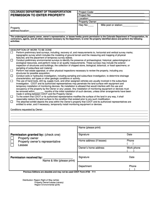 Cdot Form 730 - Permission To Enter Property Printable pdf