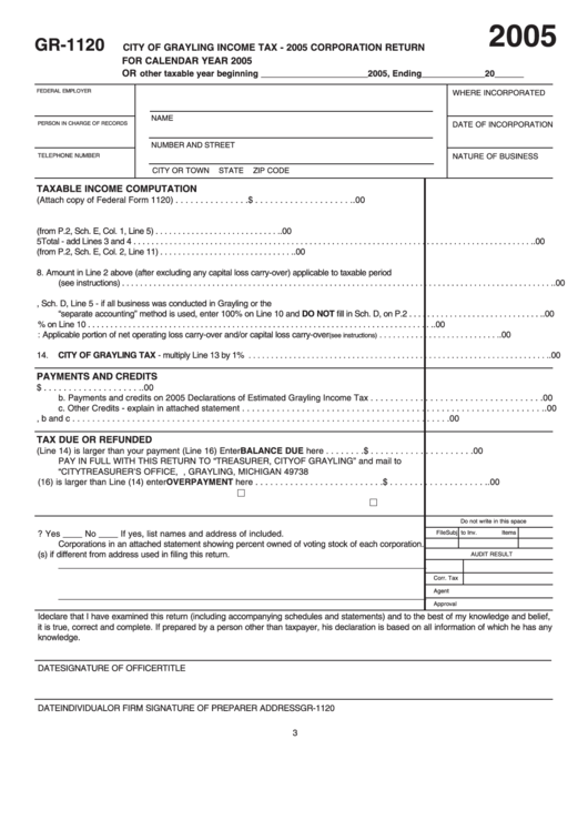 Form Gr-1120 - Corporation Return - City Of Grayling Income Tax - 2005 Printable pdf
