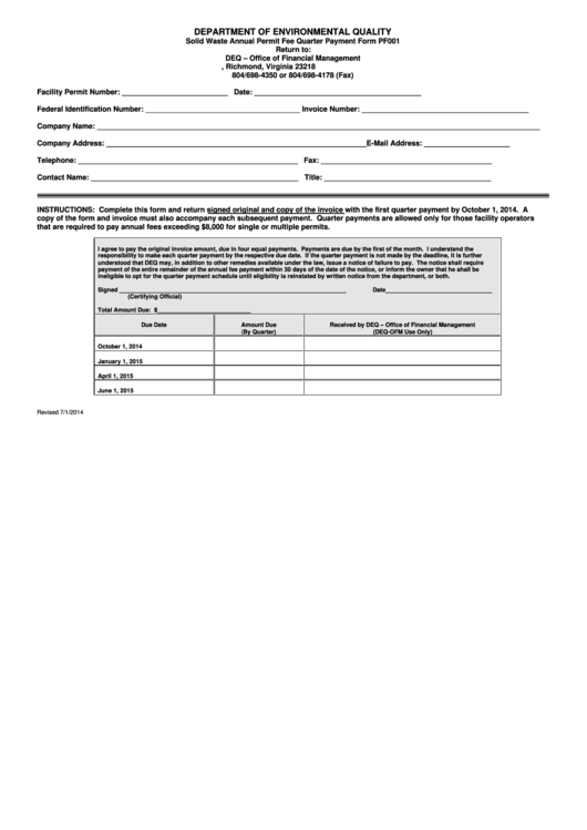 Form Pf001 - Solid Waste Annual Permit Fee Quarter Payment Printable pdf