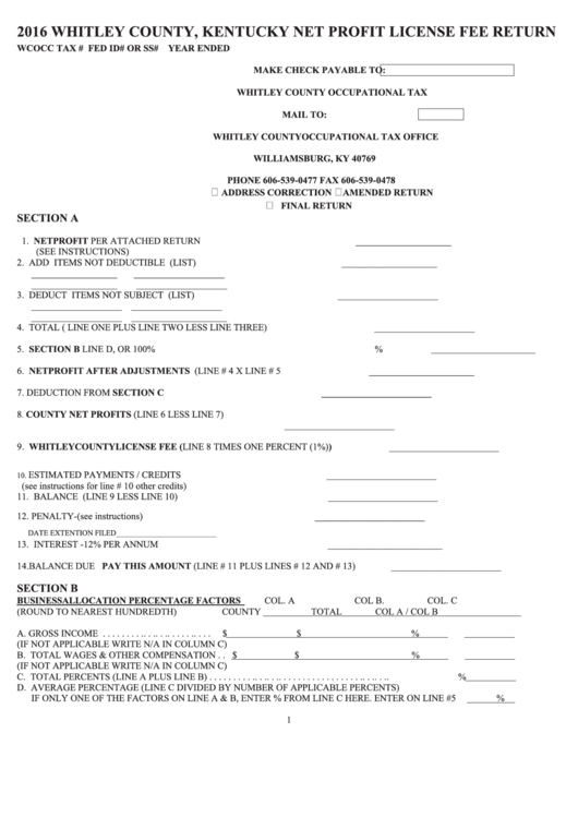 Whitley County, Kentucky Net Profit License Fee Return Form - 2016 Printable pdf