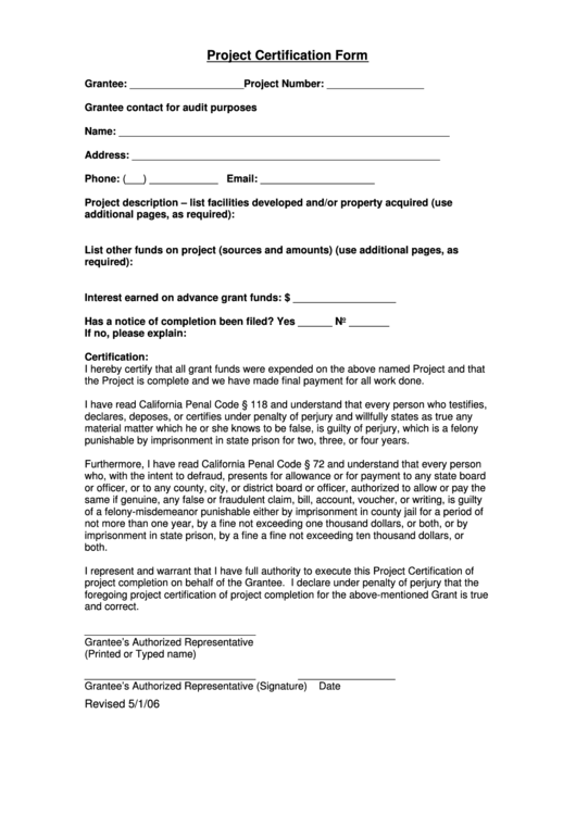 Fillable Project Certification Form Printable pdf