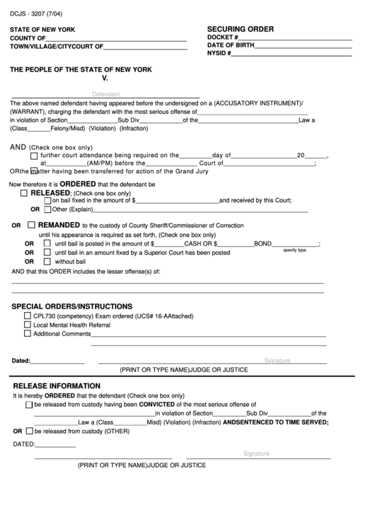 Fillable Form Dcjs - 3207 - State Of New York Printable pdf