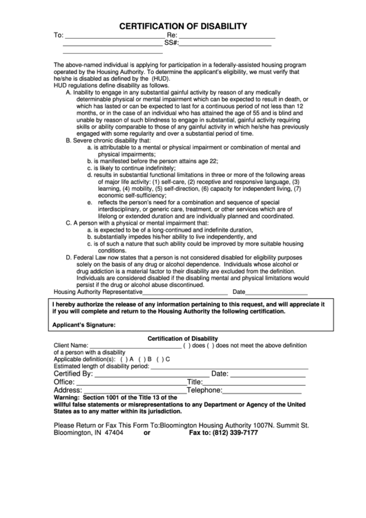 Certification Of Disability Form Printable pdf