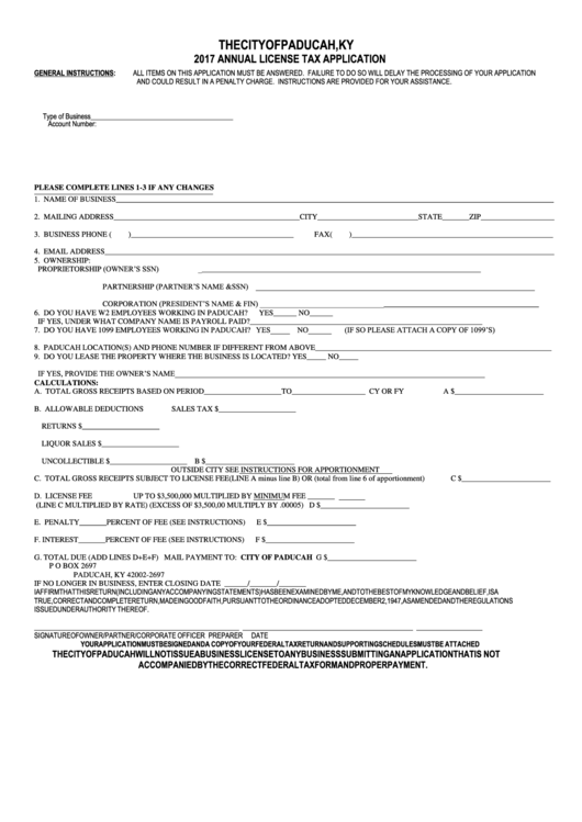 Annual License Tax Application Form - 2017 Printable pdf