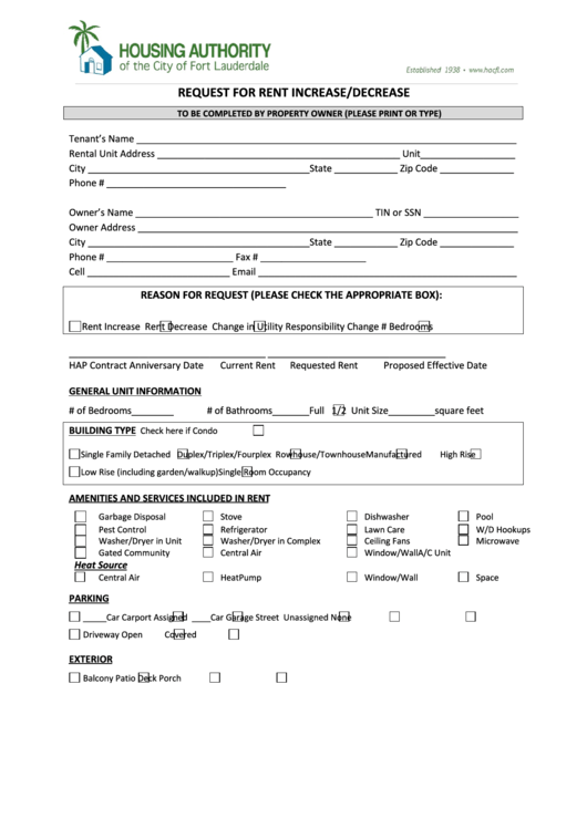 Form Hacfl-001 - Request For Rent Increase Decrease Printable pdf