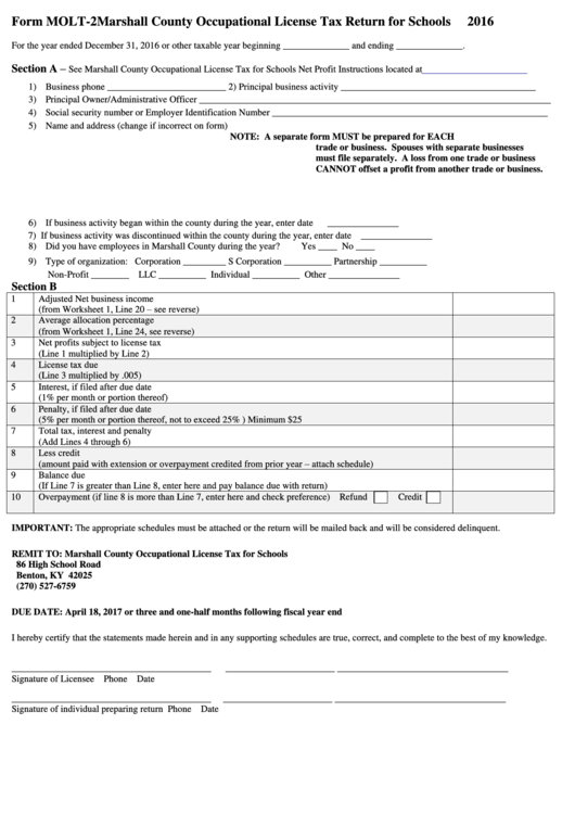 Form Molt-2 - Marshall County Occupational License Tax Return For Schools - 2016 Printable pdf