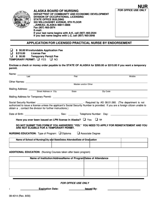 Fillable Form 08-4014 - Application For Licensed Practical Nurse By Endorsement - 2000 Printable pdf