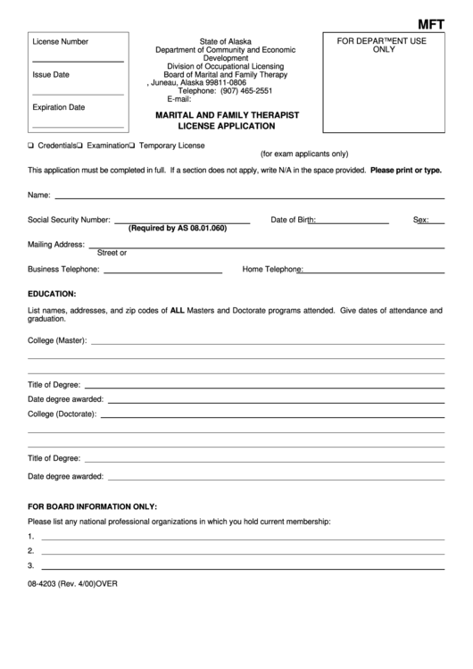 Fillable Form 08-4203 - Marital And Family Therapist License Application - 2000 Printable pdf