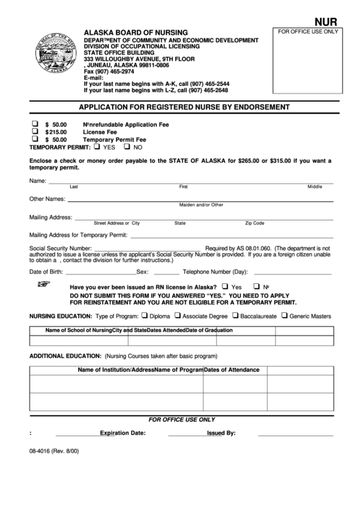 Form 08-4016 - Application For Registered Nurse By Endorsement - 2000 Printable pdf