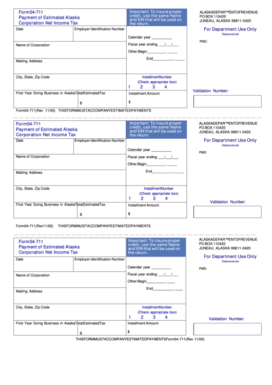 Form 04-711 And Form 04-709 - Payment Of Estimated Alaska Corporation Net Income Tax November 2000 Printable pdf