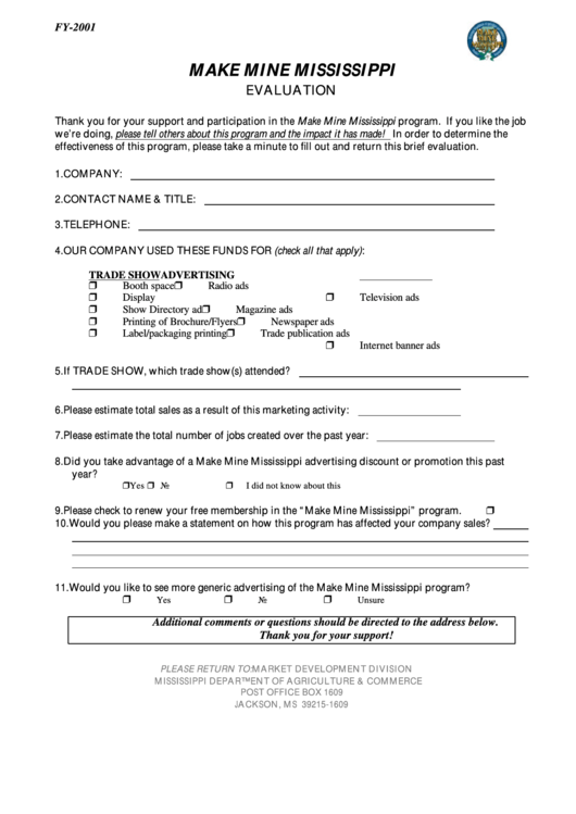 Make Mine Mississippi Evaluation Form Printable pdf