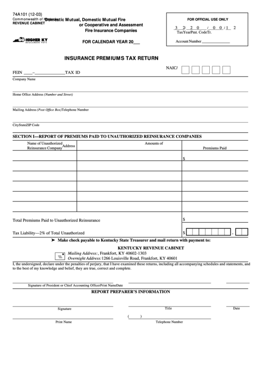 Form 74a101 - Insurance Premiums Tax Return Form Printable pdf