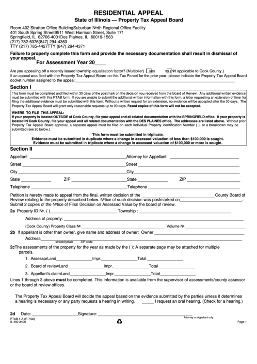 Form ptab 1 a residential appeal printable pdf download