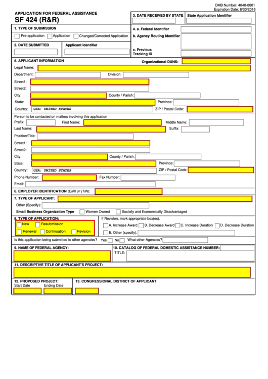 Fillable Form Sf 424 (R&r) - Application For Federal Assistance Printable pdf