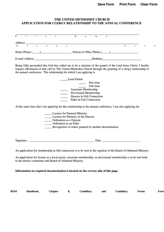 Fillable Form 105 - Application For Clergy Relationship To The Annual Conference Printable pdf