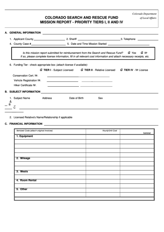 Colorado Search And Rescue Fund Mission Report - Priority Tiers I, Ii And Iv Form Printable pdf