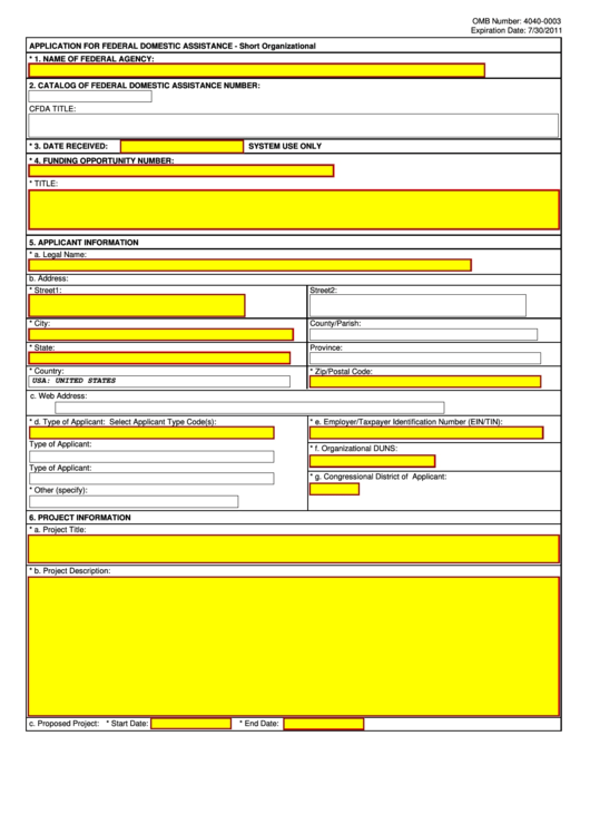 Fillable Standard Form 424 - Application For Federal Domestic Assistance - Short Organizational Printable pdf