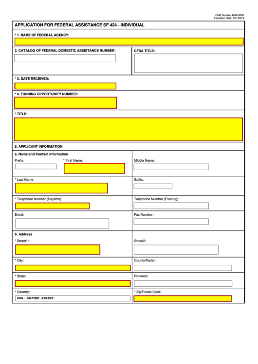 Fillable Form Sf 424 - Application For Federal Assistance Sf 424 - Individual Printable pdf