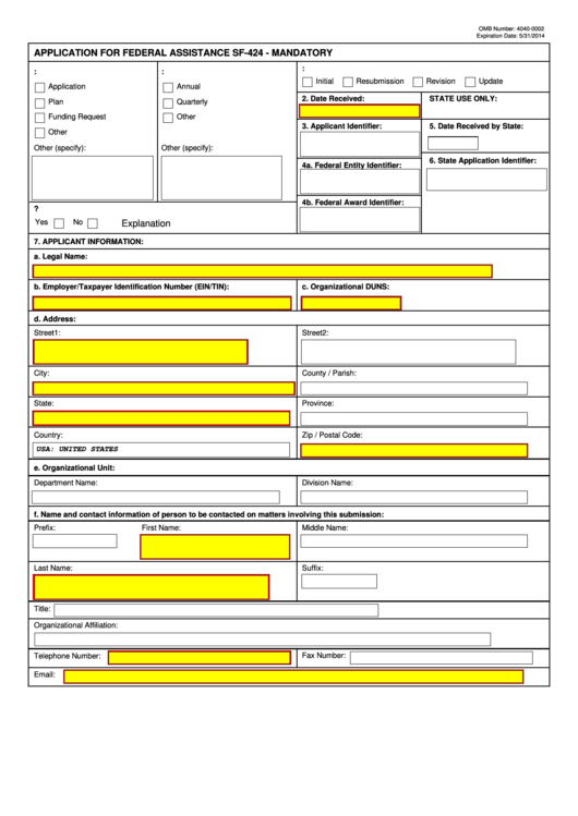Fillable Form Sf-424 - Application For Federal Assistance Sf-424 - Mandatory Printable pdf