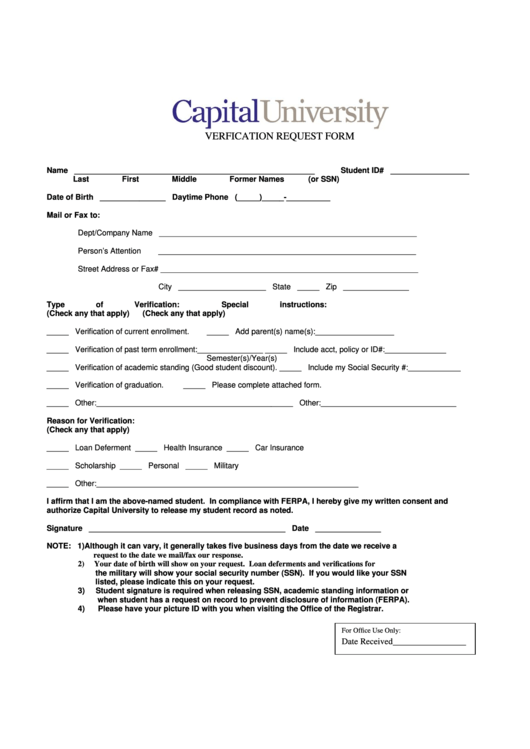 Student Verification Request Form Printable pdf