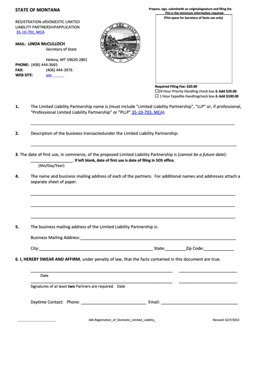 Registration Of Domestic Limited Liability Partnership Application - Montana Secretary Of State Of Printable pdf