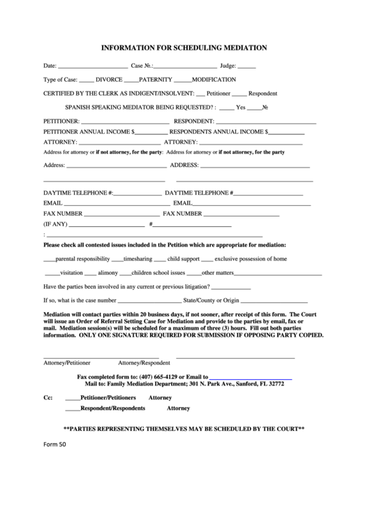 Form 50 - Information For Scheduling Mediation Printable pdf