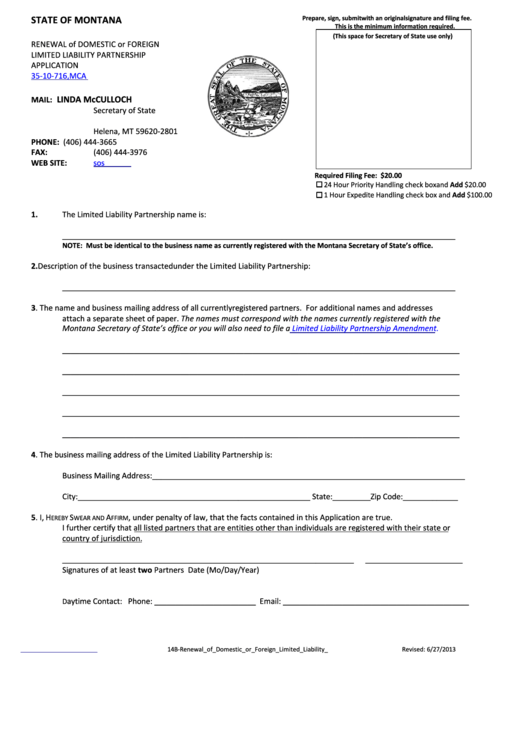 Renewal Of Domestic Or Foreign Limited Liability Partnership Application - Montana Secretary Of State Printable pdf