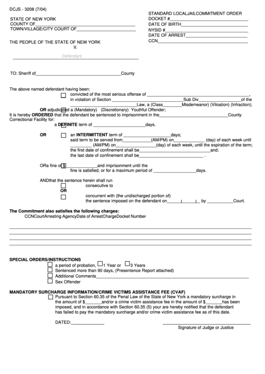 Fillable Form Dcjs - 3208 - Standard Local Jail Commitment Order [dcjs 3208] Printable pdf