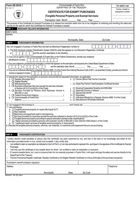 Form As 2916.1- Certificate For Exempt Purchases (Tangible Personal Property And Exempt Services) - 2013 Printable pdf