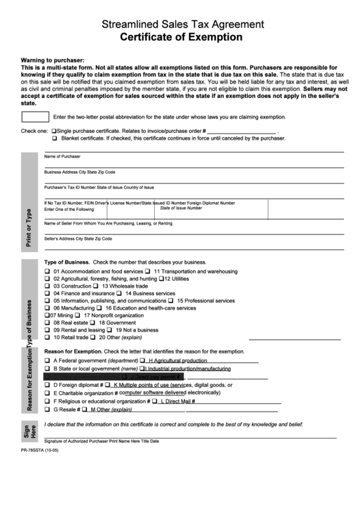 Fillable Form Pr-78ssta - Streamlined Sales Tax Agreement - Certificate Of Exemption - 2005 Printable pdf