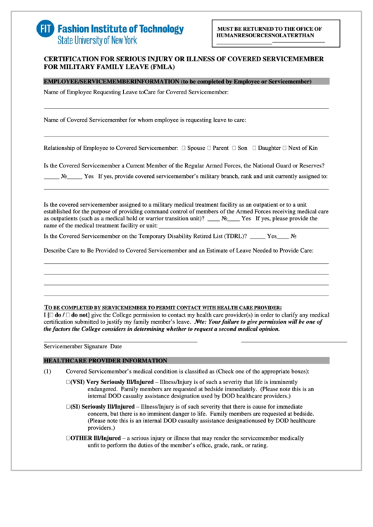 Fillable Certification For Injury Or Illness Of Covered Service Member For Military/family Leave (Fmla) Form Printable pdf