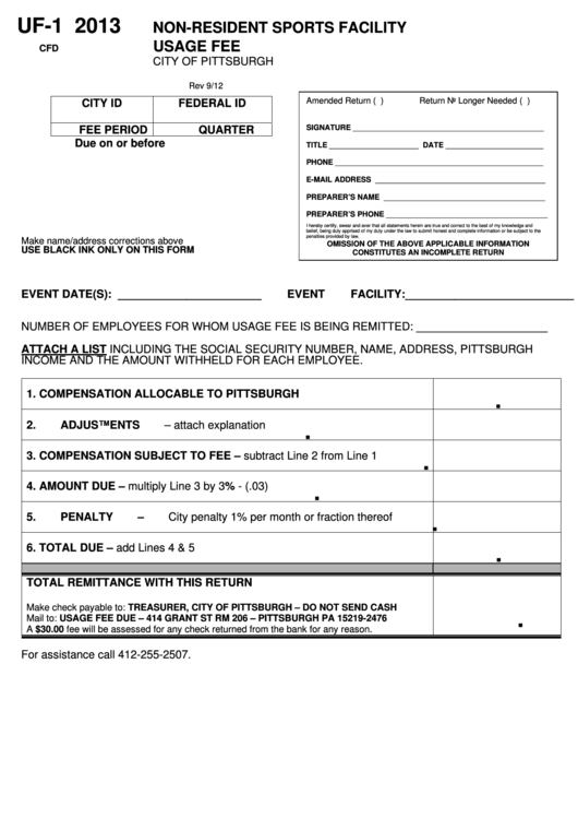 Form Uf-1 - Non-Resident Sports Facility Usage Fee - 2013 Printable pdf