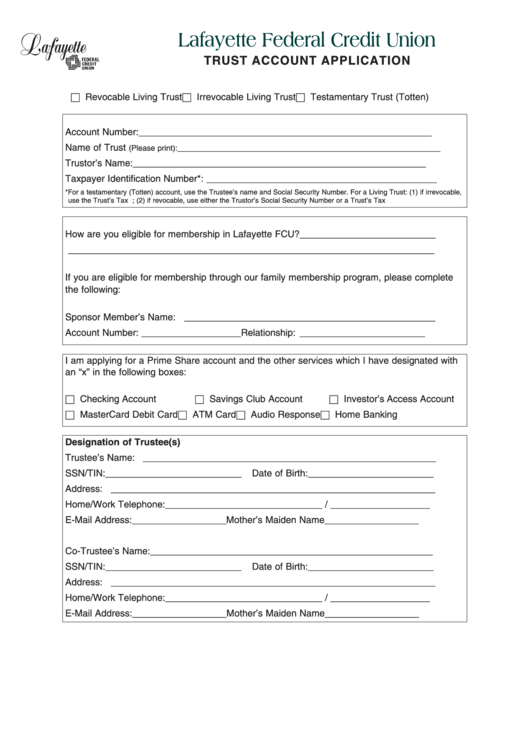 Fillable Trust Account Application Form - Lafayette Federal Credit Union Printable pdf