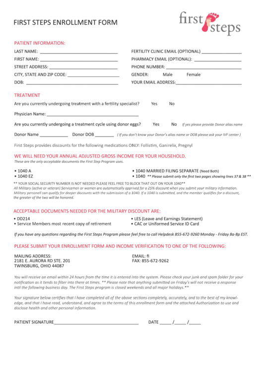 Fillable Enrollment Form - First Steps Printable pdf