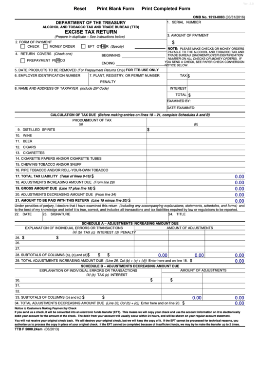 Form Ttb F 5000.24sm - Excise Tax Return - Alcohol And Tobacco Tax And Trade Bureau (Ttb) Of Department Of The Treasury - 2016 Printable pdf