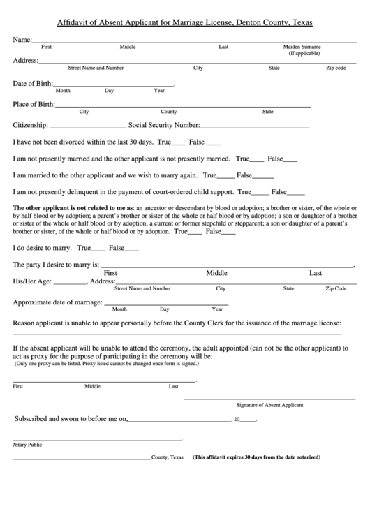 Fillable Affidavit Of Absent Applicant For Marriage License Form Printable pdf