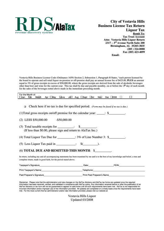 Business License Tax Return - Liquor Tax Form - Rds Printable pdf