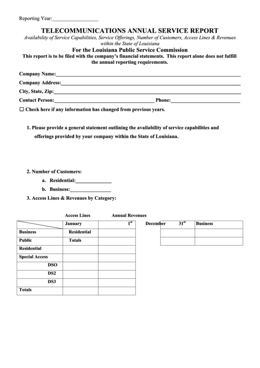 Telecommunications Annual Service Report Form - Louisiana Public Service Commission Printable pdf