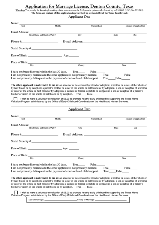 Fillable Application For Marriage License Form Printable pdf