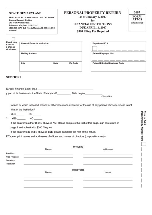 Form At3-28 - Personal Property Return - 2007 Printable pdf
