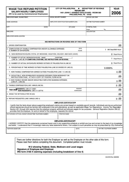 Fillable Form 83-A272a - Wage Tax Refund Petition Salary/hourly Employees 2006 Printable pdf