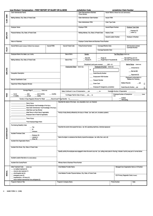 Fillable Form 1.2 - First Report Of Injury Or Illness - Iowa Workers