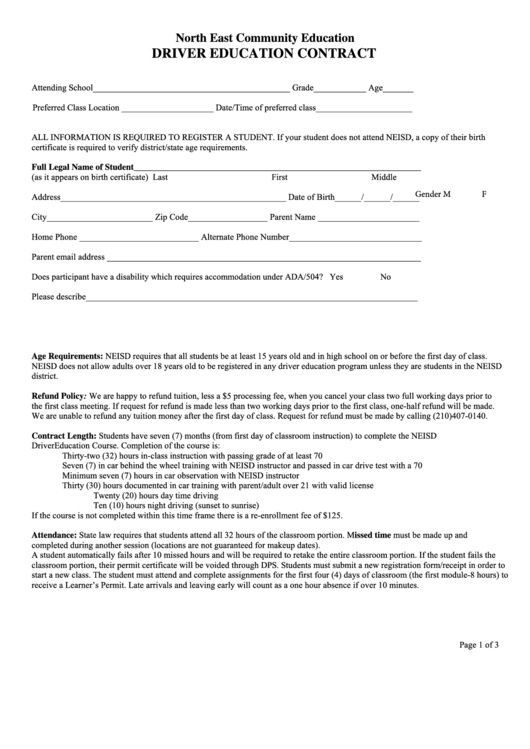 Fillable Driver Education Contract Form Printable pdf